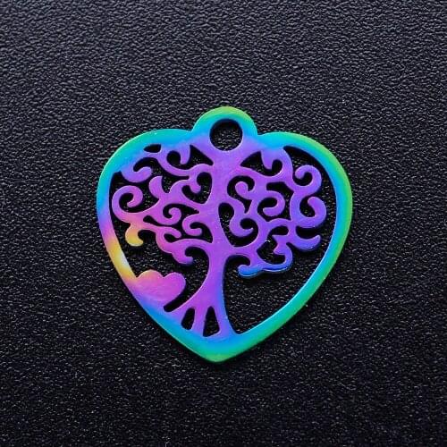 5pcs/lot 100% Stainless Steel Heart Tree of Life diy Charms With Rainbow Plated Wholesale Charm for Necklace