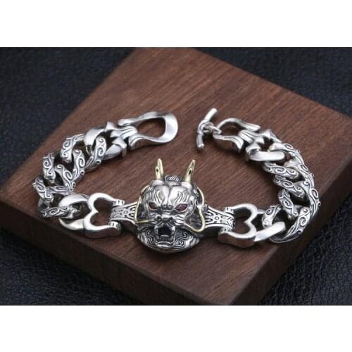 925 Sterling Silver Mens mythical creatures Bangle Bracelet jewelry 20cm A4272