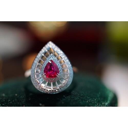 Aazuo 18K White Gold Natural Ruby White Crystal Real Diamonds Classic WaterDrop Ring for Women Senior Banquet Party