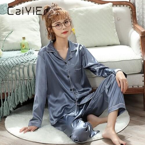 CAIYIER Winter Womens Silk Pajamas Set Long Sleeve Autumn Sleepwear Pure Color Contracted Faux Satin Nightgown Female Homewear
