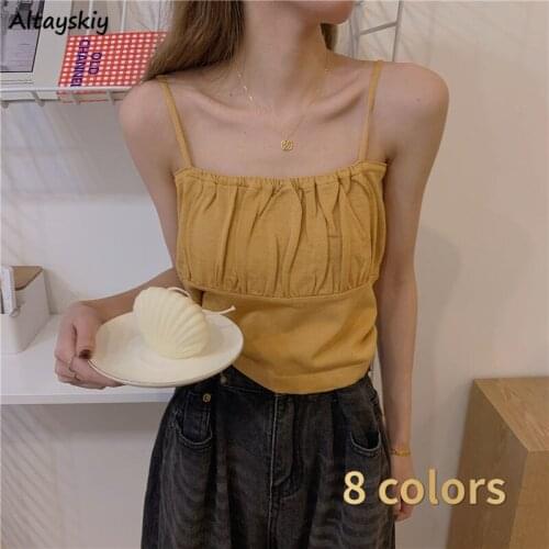 Camisole Women Popular Femme Simple Summer Chic Folds Causal Hot Sale Club Ulzzang Preppy Street Student Sweet Ins Girl Crop Top
