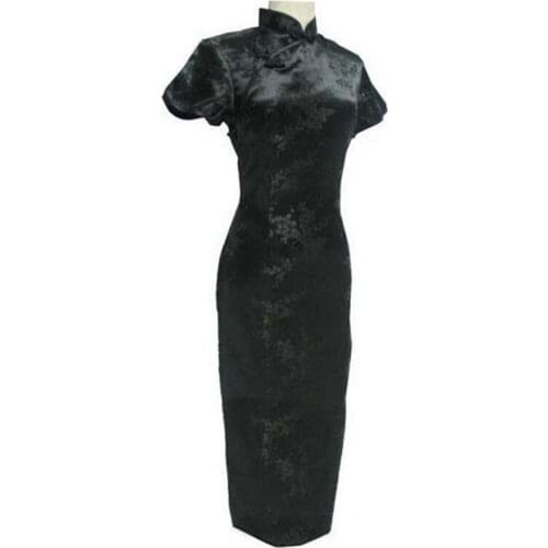 Black High Split Women Mandarin Collar Dress Chinese Lady Sexy Short Sleeve Cheongsam Long Qipao Traditioanl Casual Dress