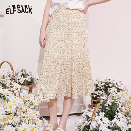 ELFSACK Floral Print High Waist Casual Women Midi Skirts,2021 Summer ELF Vintage,Ladies Multi-Layered Chiffon Ruffle Bottom