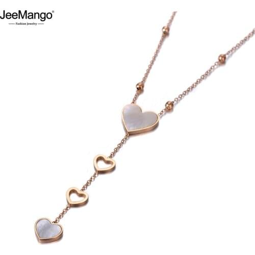 JeeMango Romantic Stainless Steel White Shell Love Heart Choker Necklaces For Women Girls Trendy Charm Pendant Necklace JN19195