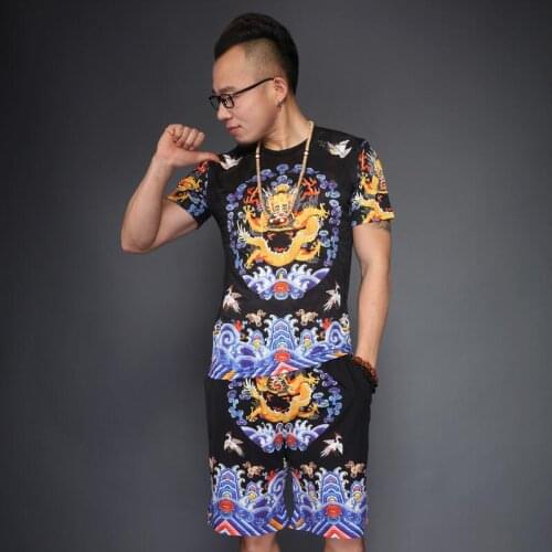 Chinese Qing Dynasty Emperor Dragon Garment Suits Men Summer Printed Short Sleeve T-shirt + Trousers Yellow Black Short Pants
