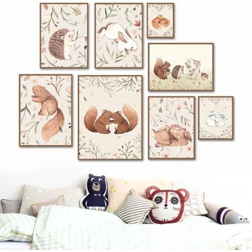 Rabbit Fox Deer Hedgehog Squirrel Cute Animals Wall Art Canvas Painting Nordic Posters And Prints Wall Pictures Child Room Decor