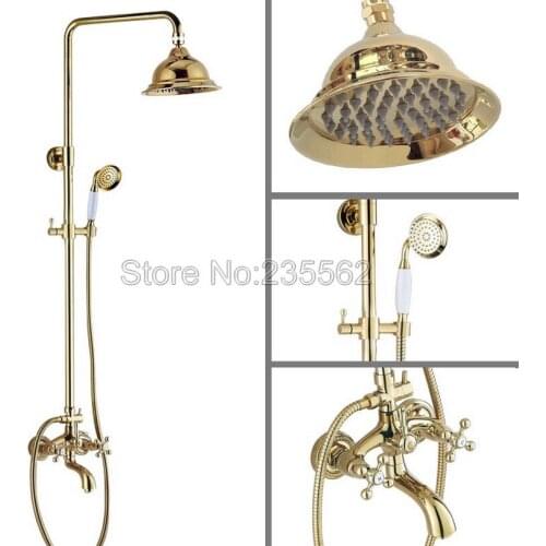 Gold Color Brass 6.3 inch Bathroom Rain Shower Faucet Set Wall Mounted Dual Handle Bathtub Spout Mixer Taps lgf456