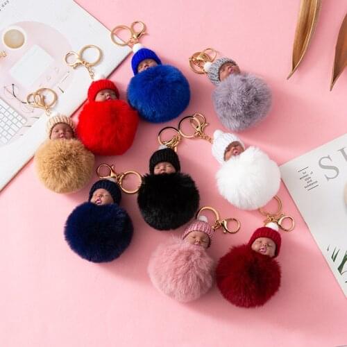 Fashion Colorful Cartoon Cute Sleeping Blackface Doll Hairball Key Fob Pendant Womens Bag Jewelry Accessories Wholesale
