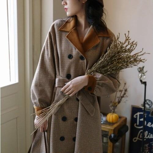 2020 new fashion womens clothing Turn-down Collar Double Breasted Plaid Long Full woman winter coats and jackets