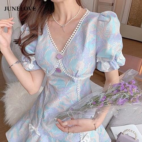JuneLove Kawaii Sweet Print Mini Dress Women Elegant V-neck Short Sleeve Korean Clothing French Holiday Bow Dress Summer 2021