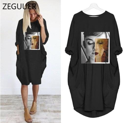 Gustav Klimt And Hepburn funny print spring dress 2021 Womens dress Pocket long sleeve Party dresses vintage plus size female