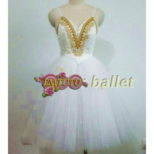 Professional Romantic Ballet Tutu White Gold Custom Made Professional Ballet Long Tutu Ballerina Soft Tulle Long Dress