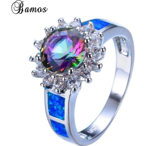 Bamos Luxury Cubic Zirconia Sunflower Ring Rainbow Ring Blue Fire Opal Jewelry Vintage White Gold Filled Wedding Rings For Women