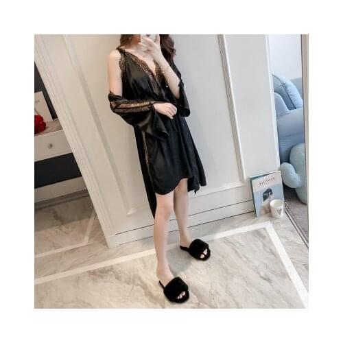 Luxury Women Silk Robe and Gown Set Sexy Lace Trim Backless Night Dress and Knee Length Robe 2PCS Night Suit Sleepwear Home Wear