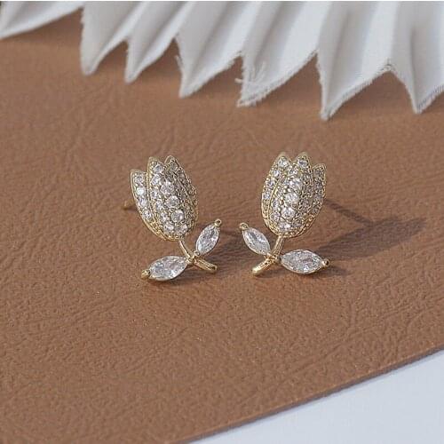 Delicate Jewelry 14K Real Plated Zircon Tulips Stud Earrings for Women Unique Flower Earrings