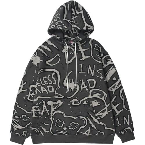 Hoodie Men Harajuku Graffiti Letter Fleece Pullovers Hipster College Style Japanese Retro Casual Tops Couple Streetwear