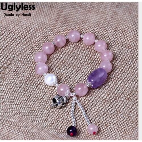 Uglyless 100% Real 925 Sterling Silver Handmade Cat Bell Bracelets for Women Pink Crystal Balls Beading Bracelet Tassel Jewelry