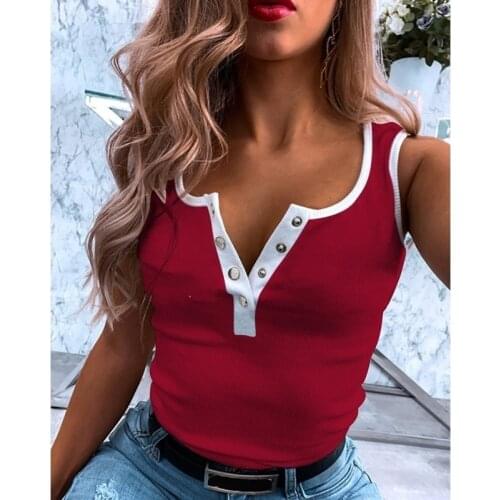 Cotton Blends Tops Women T Shirt Black Red Sleeveless Button V-neck T Shirts Casual Slim Plus Size Vest Shirt Camisas Mujer 5XL