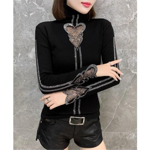 Womens autumn winter base turtleneck hollow out base shirt ladys sexy diamond casual cotton long sleeve chic Tops TB3979