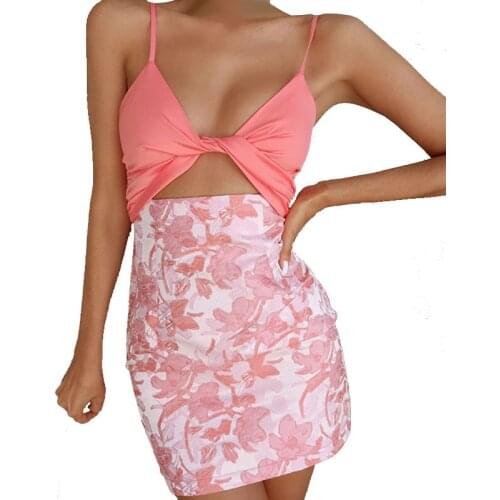 2 in 1 Female Set Twist Knot Sling Top and Floral Printed Skirt Women Clothes