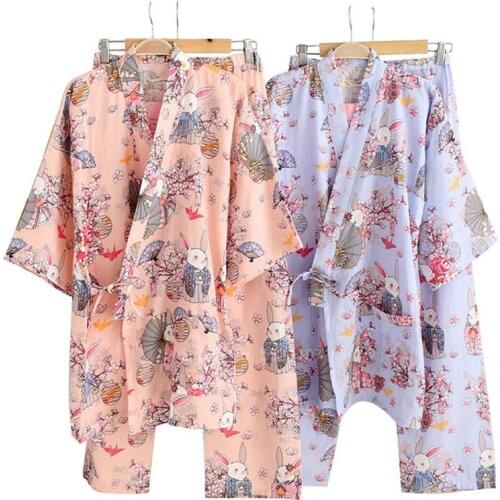 Cartoon Rabbit Women Japanese Traditional Kimono Set Spa Sauna Bathing Sleepwear Cotton Yukata Harajuku Tops Trousers Suit