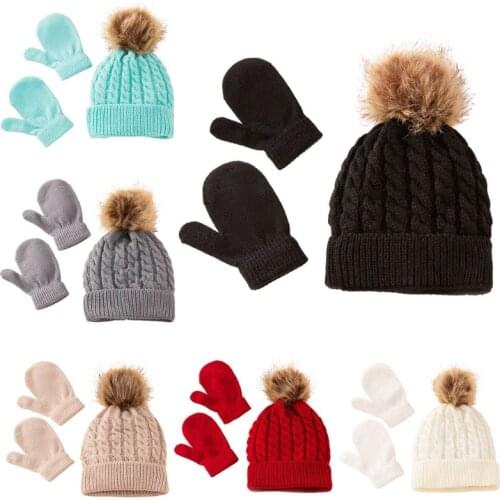 Winter Warm Baby Solid Color Hat Gloves Set Fur Ball Beanies Mitten Kit Children Girls Boys Knitted Hemming Hat G99C