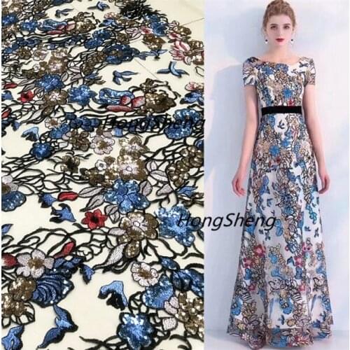 125*100CM blue lady prom Dress Applique DIY Headdress veil sequined Embroidered Lace Fabric Patch curtain table cover free ship