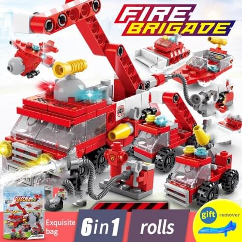 142 PCS 6 IN 1 City Fire Building Blocks Set Firemen Fire Truck Bricks Toys for Children Boys Mini Block Educational Toy IN Gift