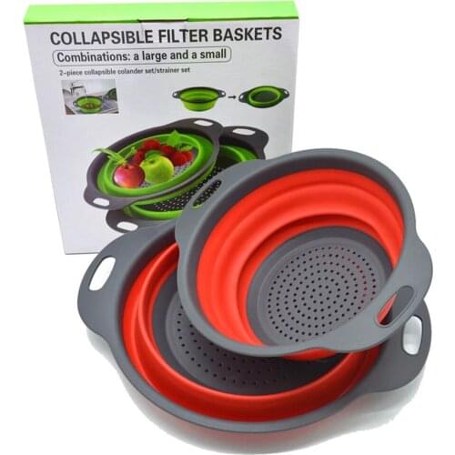 2pcs/Set Foldable Silicone Colander Fruit Vegetable Washing Basket Strainer Kitchen Tools Collapsible Drainer Packing With Box