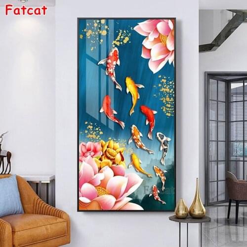 Diy Diamond Painting Multi Colored Fish And Lotus Pictures Cross Stitch Full Round Square Mosaic 5D Rhinestone Embroidery PP902