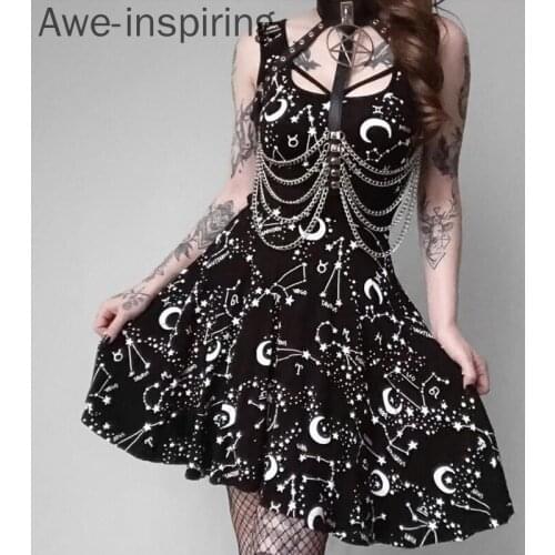 Awe-inspiring Constellation Print Gothic Tank Strap Women Dress Sleeveless Square Neck Pleated Mini Dresses Summer Vestidos
