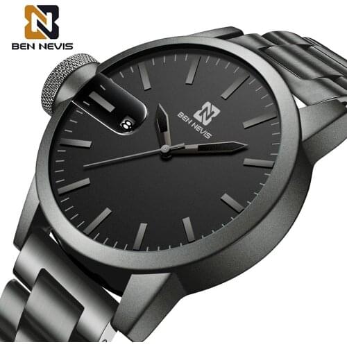 BEN NEVIS Black Big Dial Watches Men Fashion Quartz Wrist Watch Stainless Steel Band Calendar Display Relogio Masculino