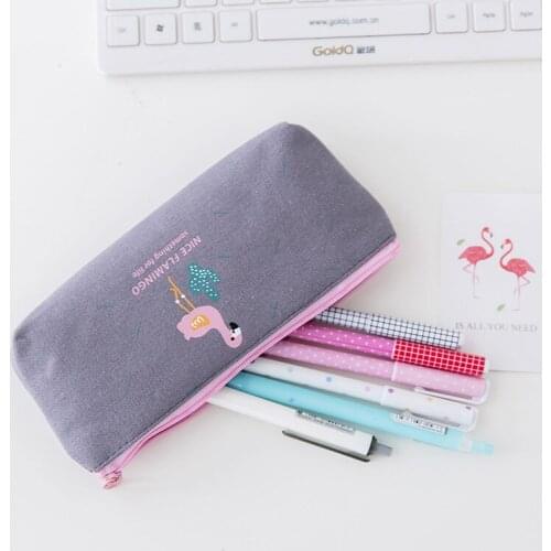 DL Korean cute simple Flamingo canvas bag student female small cute fresh zipper large stationery bag student supplies