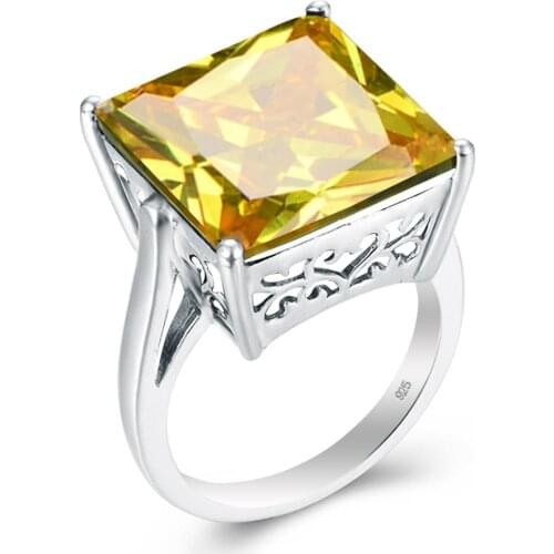 925 Silver Rings For Women Shiny Yellow Crystal Gemstone Ring Square Trendy Handmade Sterling Silver Jewelry Party Fine Gift New