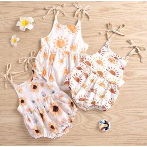 Newborn Baby Girls Sun/Sunflower Print Romper Sleeveless Jumpsuist Summer Casual Spaghetti Straps Playsuit Children Outwear