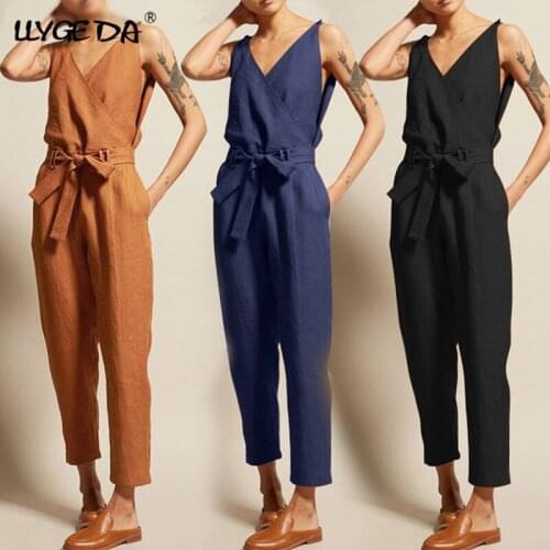 Women Jumpsuits Homewear Large Size Cotton Solid Female Sleeveless Romper Loungewear V-neck Sashes Vintage Summer Simple Casual
