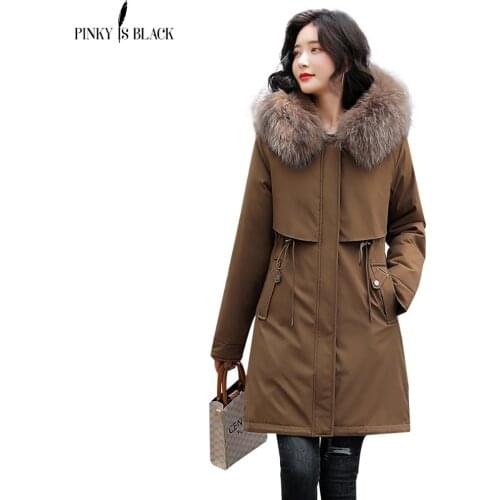 PinkyIsBlack Snow Wear Long Parkas Winter Coat Women Fur Liner Casual Hooded Deep Pockets Drawstring Winter Jacket Women Outwear