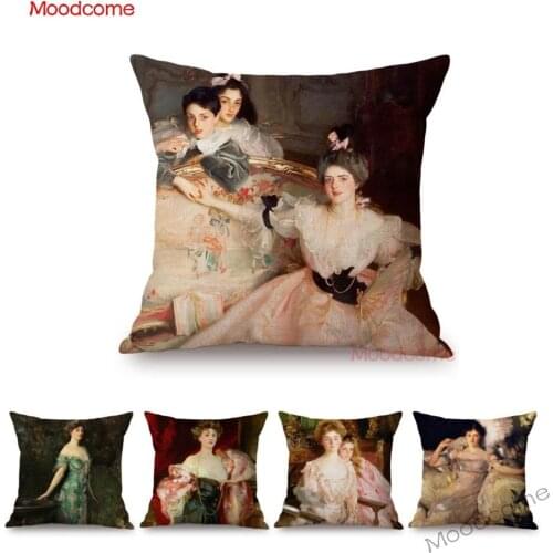 American Painter John Singer Sargent Famous Portrait Lady Woman Daughter Oil Painting Decorative Pillow Case Linen Cushion Cover