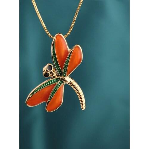 Fashion ethnic Orange Dragonfly cloisonne necklace vintage jewelry,Delicate enamel pendants Necklace,jewelry for womens