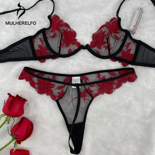 Flower Embroidery Underwear Women Sexy Lace Lingerie Female Low Waist Panties Underwire Bra Set Ladies Mesh Patchwork Bralette