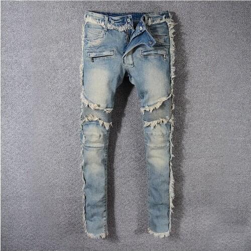 2021 Mens vintage washed denim fringe biker jeans for moto Fashion slim fit straight patchwork pants for big and tall trousers