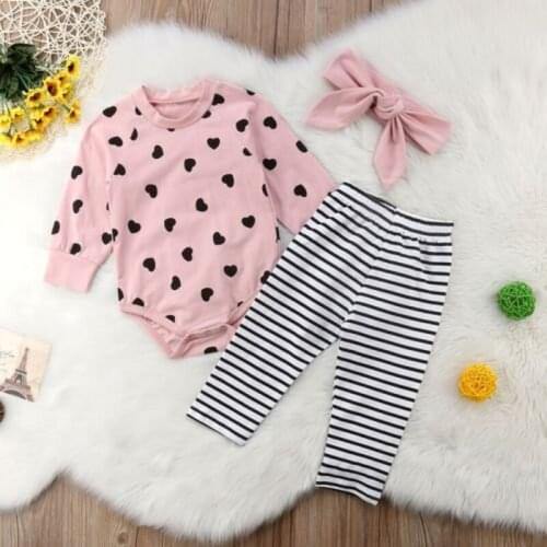 New Autumn Winter Newborn Infant Baby Girl Clothes Set 3PCS Long Sleeve Heart Pink Romper Tops Striped Pants+Headband