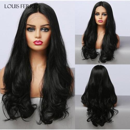 LOUIS FERRE Long Natural Wave Black Synthetic T Part Lace Wigs for Women Afro Heat Resistant Fibre Daily Party Lace Front Wig