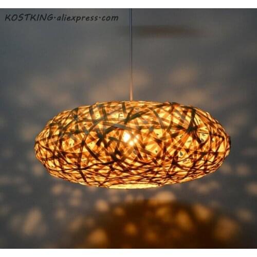 KOSTKING handmade bamboo pendant lamp bird nest home bedroom hotel dinning room restaurant hand knitted suspension hanging light