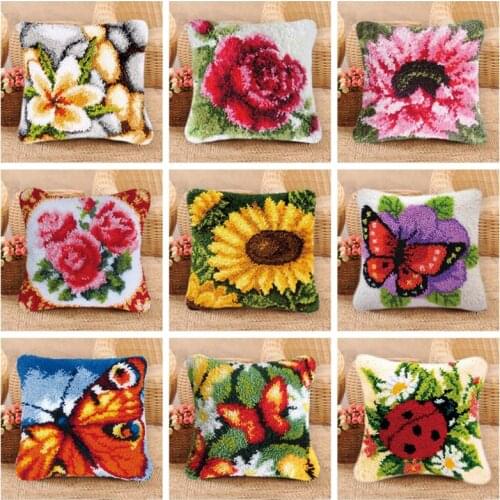 Prajna Flower Cushion Pillow Latch Hook Kit Rug Mat DIY Embroidery Needlework Crochet Pillow Kits Unfinished Accessories 37X37CM