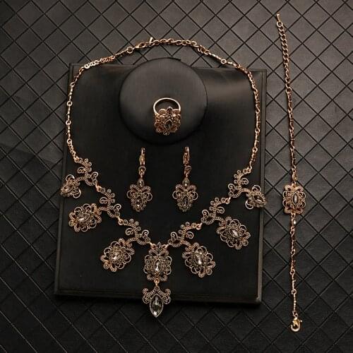 Turkish Wedding Jewelry Sets for Bridal Gold Necklace Sets with Crystals Tassels Necklace and Earring Set Ethiopian Jewelry set