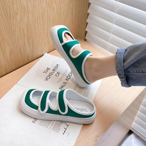 Baotou Ladies Half Slippers Summer New Fashion Wild Square Head Canvas Large Size Casual Slippers