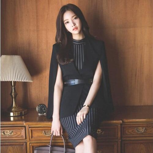 Women Blazer Dress Suits Office Work Black Cloak Shawl Jacket With Sashes and Vertical Striped Dress 2pcs Set OL Business Suits