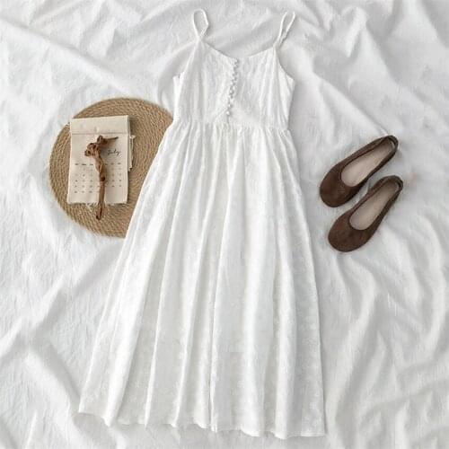 20 Spring Women White Cotton Dresses Elegant Lady Long Sleeveless A-line Dress Summer Fairy Tank Dress Vestidos Bottomings 1134