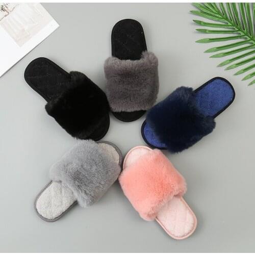 2021 Furry Slippers Women Winter New Indoor Edging Big Rabbit Fur Cotton Sandalias Flat Female Mujeres Shose Faux Sandales